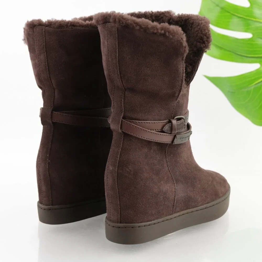 Coach Womens Norell Boots Size 6.5 Brown Suede Hidden Wedge Sherpa Lined Booties